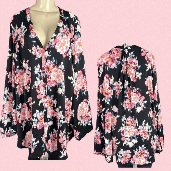 Torrid Studio +6 Black/Pink Floral Crepe De Chine Button Down Long Sleeve Blouse - Picture 1 of 6